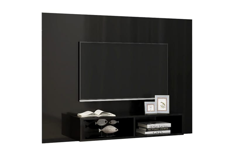 væghængt tv-skab 135x23,5x90 cm spånplade sort højglans - Sort - TV-skab