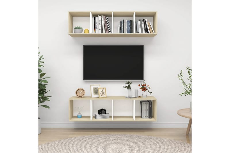 væghængte tv-skabe 2 stk. spånplade hvid og sonoma-eg - Beige - Møbler - TV borde & mediemøbler - TV-skab
