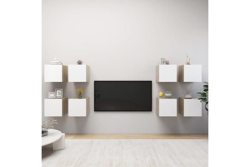 væghængte tv-skabe 8 stk. 30,5x30x30 cm hvid og sonoma-eg - Beige - TV-skab