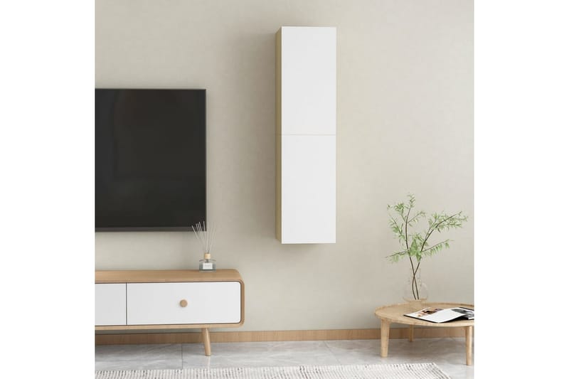 tv-skabe 2 stk. 30,5x30x60 cm spånplade hvid og sonoma-eg - Beige - TV-borde