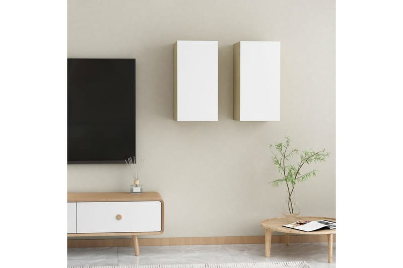 tv-skabe 2 stk. 30,5x30x60 cm spånplade hvid og sonoma-eg - Beige - TV-borde