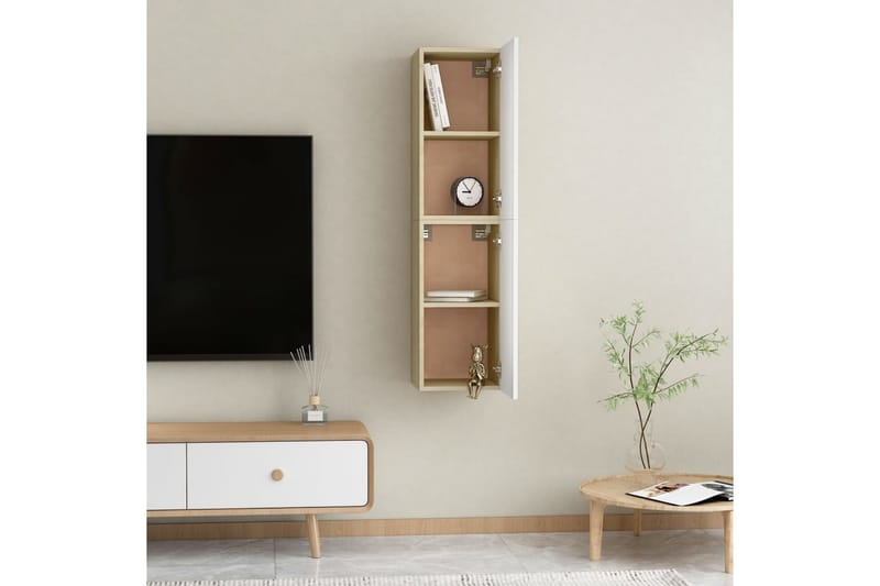 tv-skabe 2 stk. 30,5x30x60 cm spånplade hvid og sonoma-eg - Beige - TV-borde