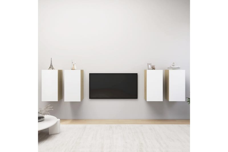 tv-skabe 4 dele 30,5x30x60 cm spånplade hvid og sonoma-eg - Beige - TV-skab