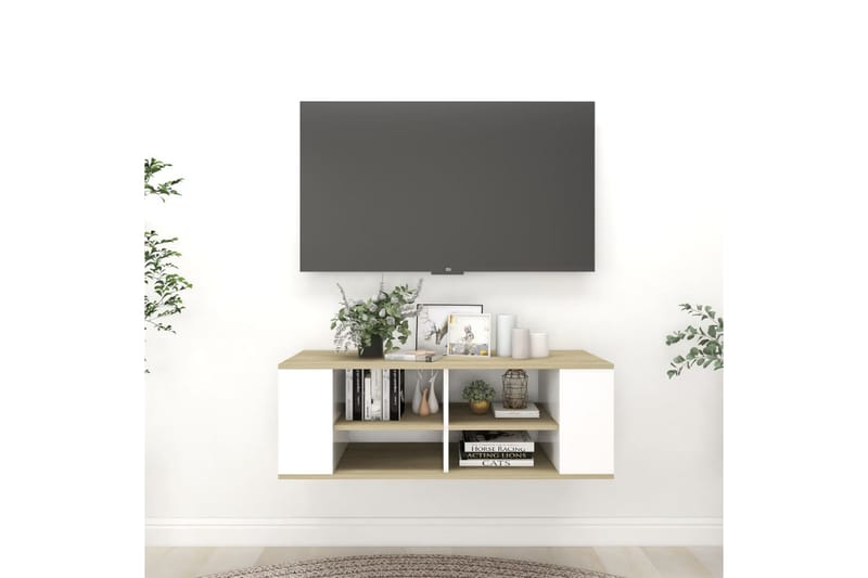 væghængt tv-skab 102x35x35 cm spånplade hvid og sonoma-eg - Beige - TV-skab
