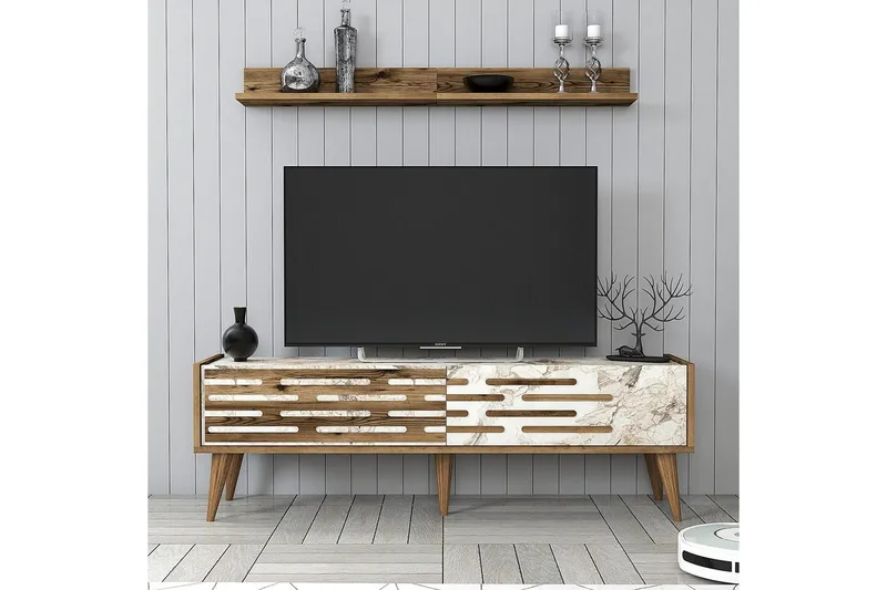 Valensiya TV-møbelsæt 140x45 cm - Valnød/Hvid/Marmor - Møbler - TV borde & mediemøbler - Tv-møbelsæt
