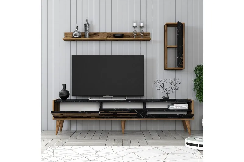 Valensiya TV-skab 180 cm - Valnød/Sort/Marmor - Møbler - TV borde & mediemøbler - TV-skab