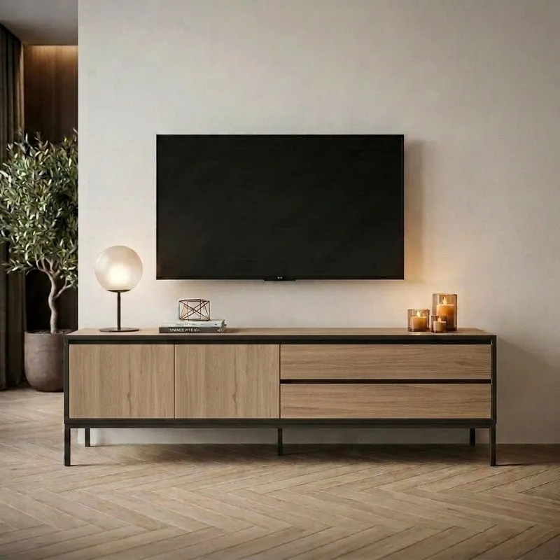 Velar TV-bænk 180x55x40 cm - naturlig eg, træsort, sort, sort - Møbler - TV borde & mediem øbler - TV-borde