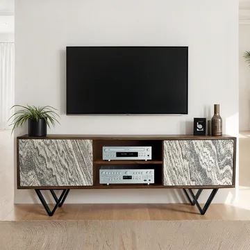 Venlor TV-bænk 150x56x35 cm i massivt sheeshamtræ med hvidt stenlook - Hvid - Møbler - TV borde & mediemøbler - TV-borde