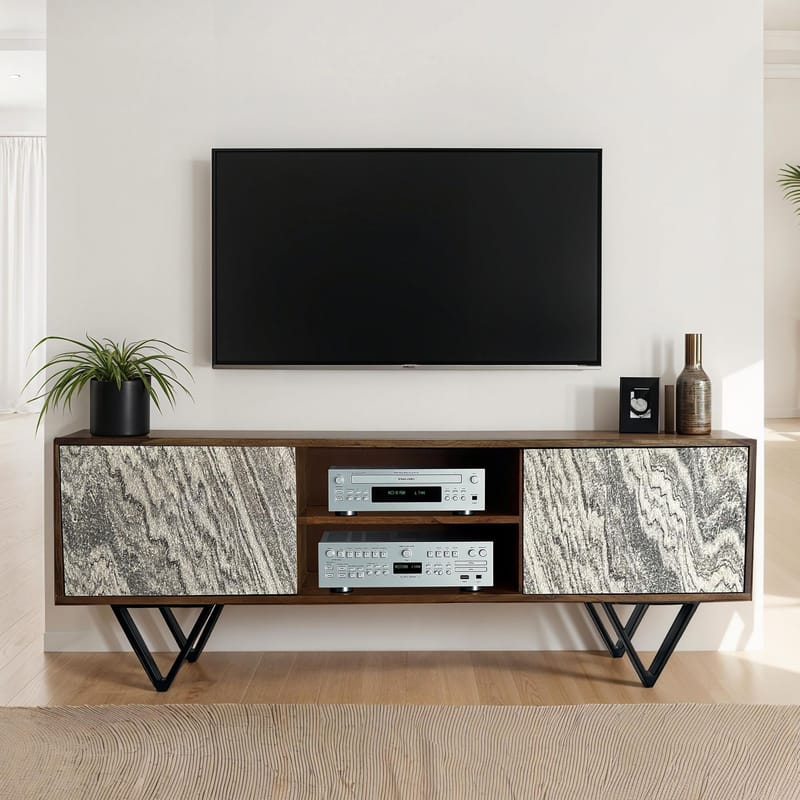Venlor TV-bænk 150x56x35 cm i massivt sheeshamtræ med hvidt stenlook - Hvid - Møbler - TV borde & mediemøbler - TV-borde