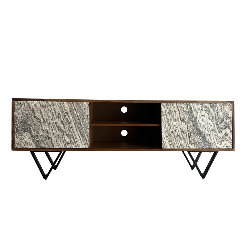Venlor TV-bænk 150x56x35 cm i massivt sheeshamtræ med hvidt stenlook, Hvid