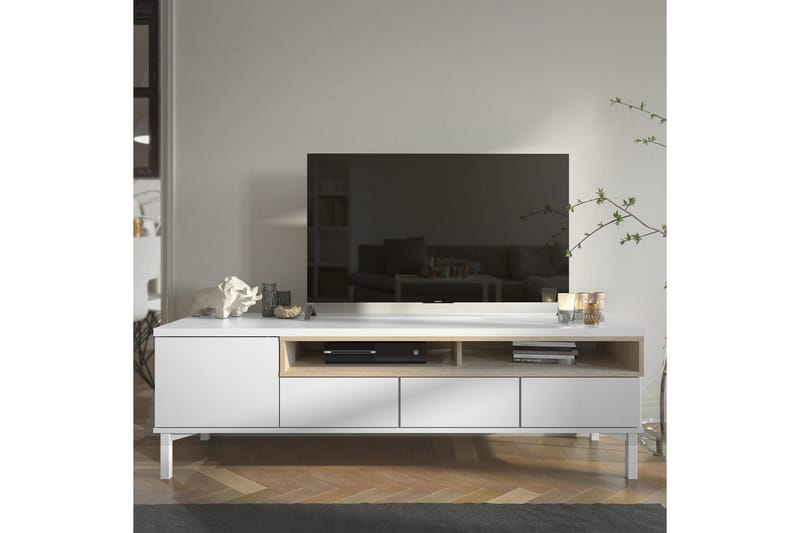 Virender Gulvstående TV-bænk 155,7 cm med Opbevaring i Eg - Hvid|Beige - Møbler - TV borde & mediemøbler - TV-borde