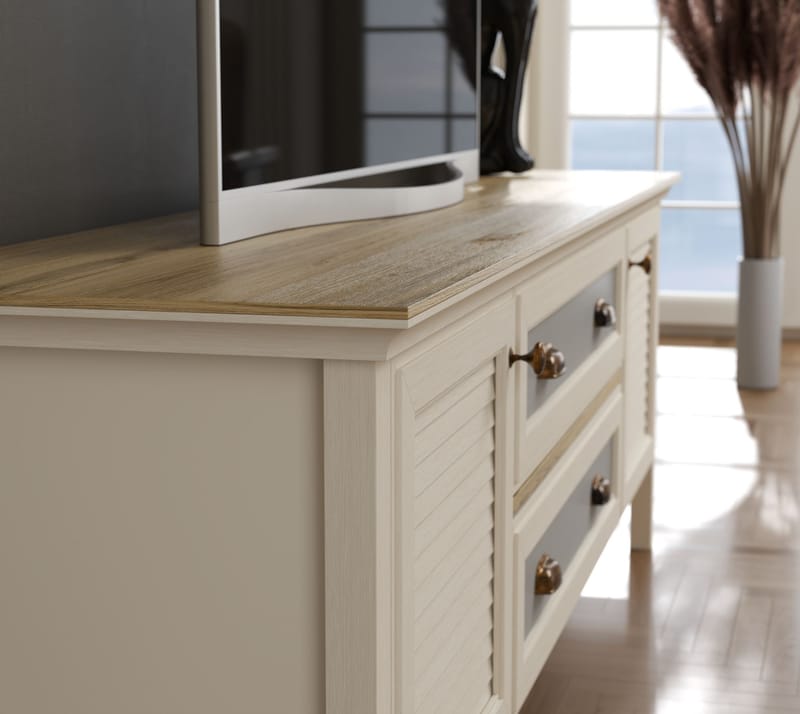 Vopira TV-bænk 180 cm - Creme, eg, grå - Møbler - TV borde & mediemøbler - Mediestativ & vægbeslag