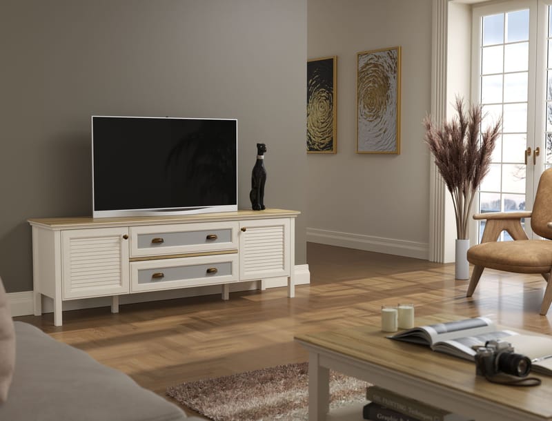 Vopira TV-bænk 180 cm - Creme, eg, grå - Møbler - TV borde & mediemøbler - Mediestativ & vægbeslag