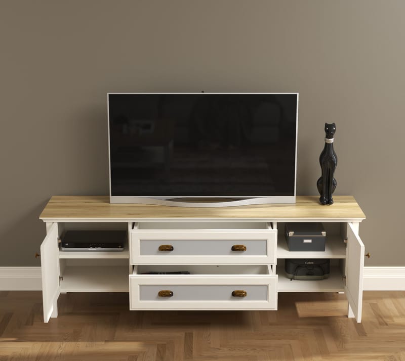 Vopira TV-bænk 180 cm - Creme, eg, grå - Møbler - TV borde & mediemøbler - Mediestativ & vægbeslag