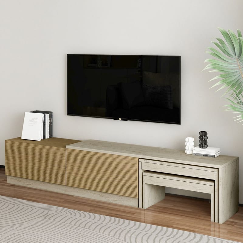 Zalven TV-bænk 180x36x30 cm - travertin og varm eg - Møbler - TV borde & mediemøbler - TV-borde