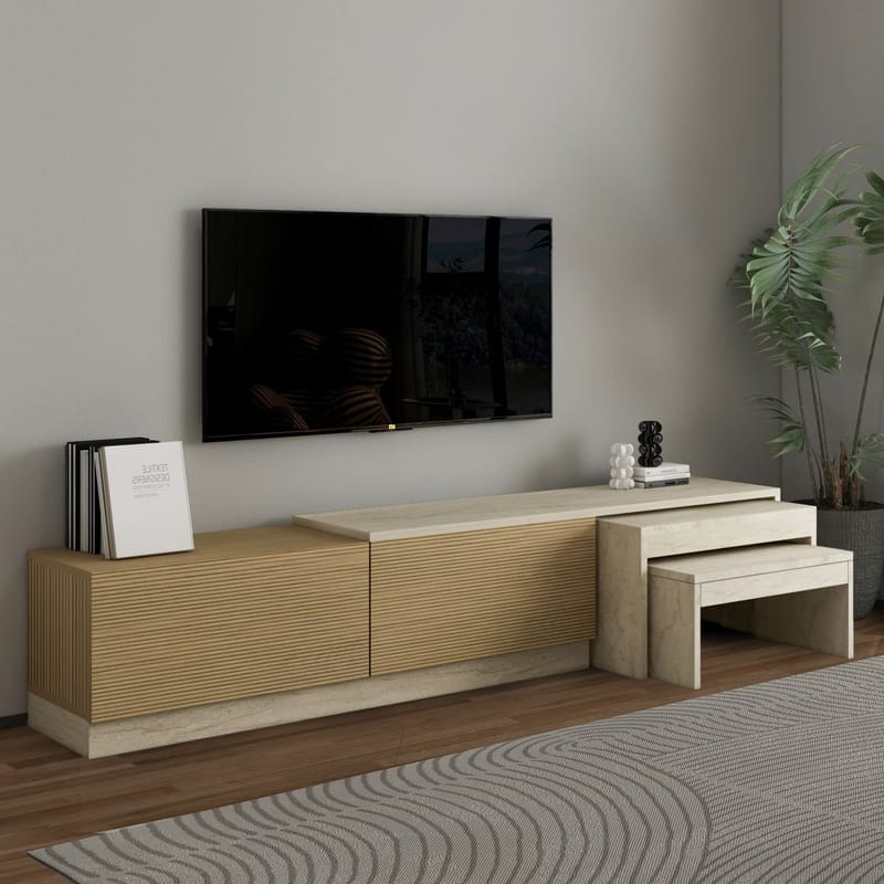 Zalven TV-bænk 180x36x30 cm - travertin og varm eg - Møbler - TV borde & mediemøbler - TV-borde