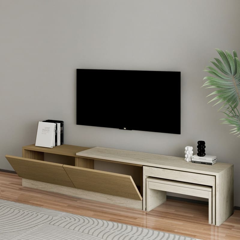 Zalven TV-bænk 180x36x30 cm - travertin og varm eg - Møbler - TV borde & mediemøbler - TV-borde