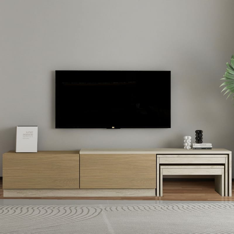 Zalven TV-bænk 180x36x30 cm - travertin og varm eg - Møbler - TV borde & mediemøbler - TV-borde