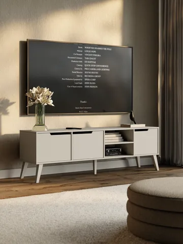Zelto Fritstående Tv-bord 180 cm med Opbevaring i Malet Træ - Beige - Møbler - TV borde & mediemøbler - TV-borde
