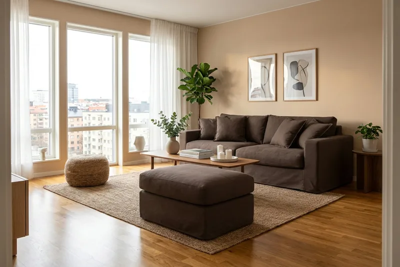 Valencia Extra Dyb 3-personers sofa + fodskammel med aftageligt og vaskbart betræk - Mørkebrun - Møbler - Sofaer