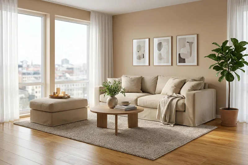 Valencia Extra Dyb 3-personers sofa + fodskammel med aftageligt og vaskbart betræk - Beige - Møbler - Sofaer