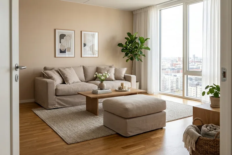 Valencia Extra Dyb 3-personers sofa + fodskammel med aftageligt og vaskbart betræk - Lysebrun - Møbler - Sofaer