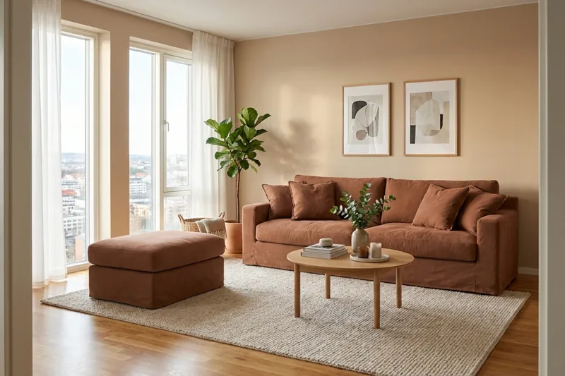 Valencia Extra Dyb 3-personers sofa + fodskammel med aftageligt og vaskbart betræk - Rustrødbrun - Møbler - Sofaer