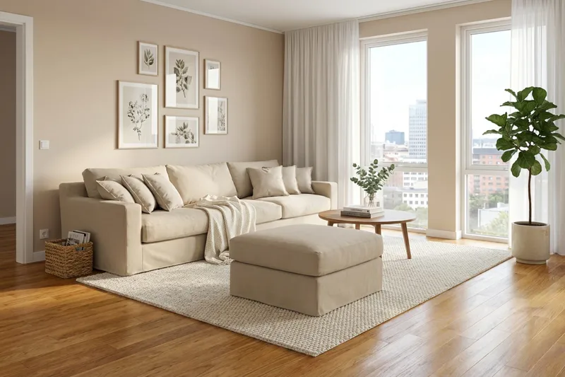 Valencia Extra Dyb 5-personers sofa + fodskammel med aftageligt og vaskbart betræk - Beige - Møbler - Sofaer