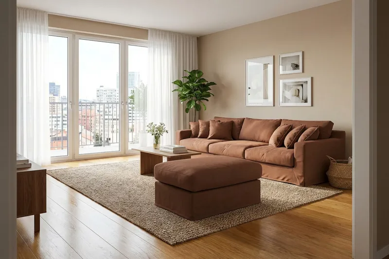 Valencia Extra Dyb 5-personers sofa + fodskammel med aftageligt og vaskbart betræk - Rødbrun - Møbler - Sofaer