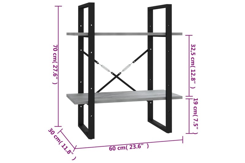 beBasic bogreol m. 2 hylder 60x30x70 cm konstrueret træ grå sonoma - GrÃ¥ - Bogreol