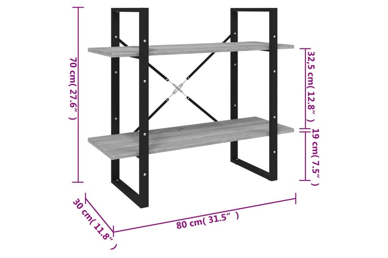 beBasic bogreol m. 2 hylder 80x30x70 cm konstrueret træ grå sonoma - GrÃ¥ - Bogreol