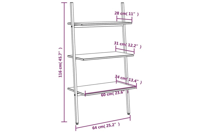 beBasic stigereol med 3 hylder 64x34x116 cm lysebrun og sort - Brun - Opbevaring - Hylder & Reoler - Stigereol
