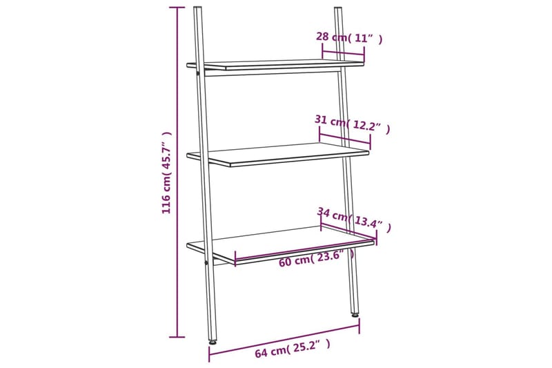 beBasic stigereol med 3 hylder 64x34x116 cm mørkebrun og sort - Brun - Stigereol