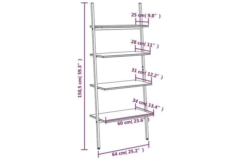 beBasic stigereol med 4 hylder 64x34x150,5 cm lysebrun og sort - Brun - Opbevaring - Hylder & Reoler - Stigereol