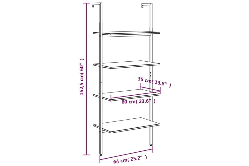 beBasic stigereol med 4 hylder 64x35x152,5 cm lysebrun og sort - Brun - Opbevaring - Hylder & Reoler - Bogreol