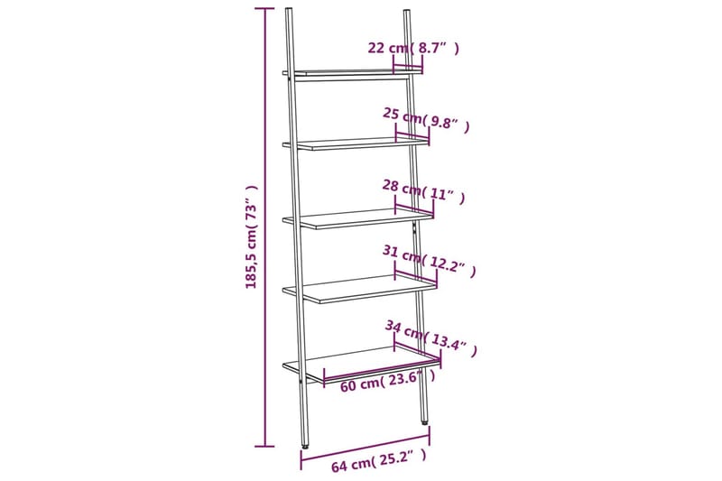 beBasic stigereol med 5 hylder 64x34x185,5 cm lysebrun og sort - Brun - Opbevaring - Hylder & Reoler - Bogreol