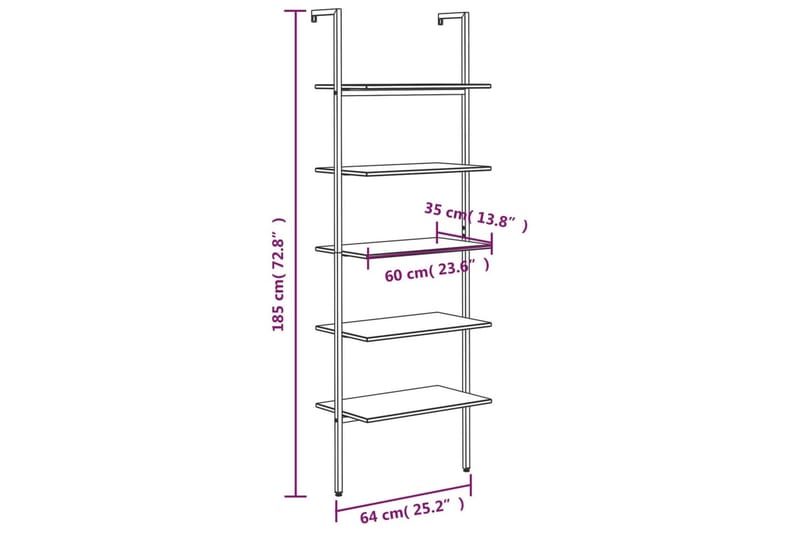 beBasic stigereol med 5 hylder 64x35x185 cm mørkebrun og sort - Brun - Bogreol