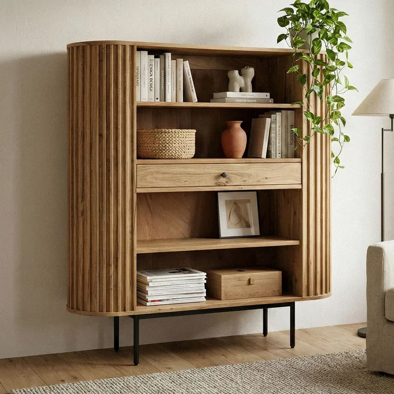 Belilo Bogreol 105 cm Ribbedesign - naturlig varm honningbrun og sort - Opbevaring - Hylder & Reoler - Bogreol
