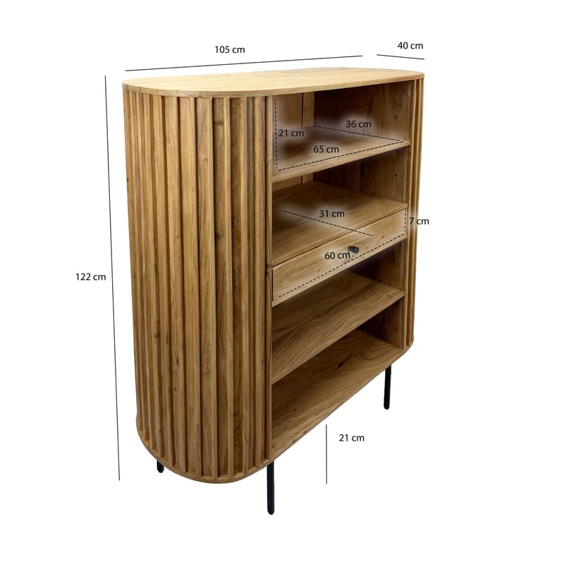 Belilo Bogreol 105 cm Ribbedesign - naturlig varm honningbrun og sort - Opbevaring - Hylder & Reoler - Bogreol