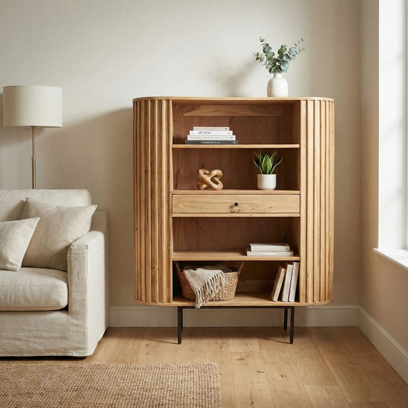 Belilo Bogreol 105 cm Ribbedesign - naturlig varm honningbrun og sort - Opbevaring - Hylder & Reoler - Bogreol