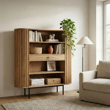 Belilo Bogreol 105 cm Ribbedesign - naturlig varm honningbrun og sort - Opbevaring - Hylder & Reoler - Bogreol