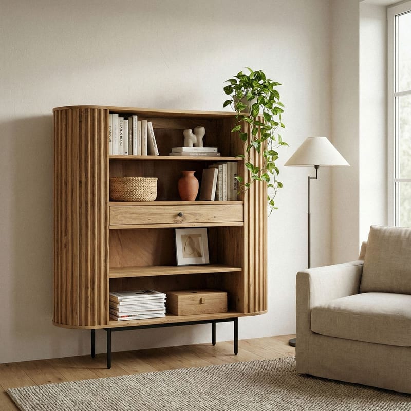Belilo Bogreol 105 cm Ribbedesign - naturlig varm honningbrun og sort - Opbevaring - Hylder & Reoler - Bogreol