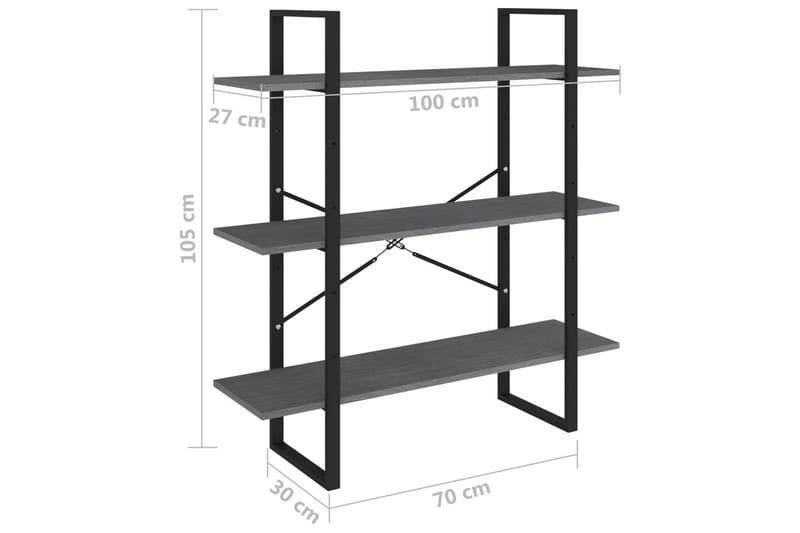 bogreol med 3 hylder 100x30x105 cm massivt fyrretræ grå - Grå - Bogreol