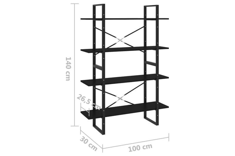 bogreol med 4 hylder 100x30x140 cm spånplade sort - Sort - Bogreol