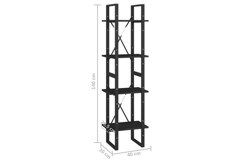 bogreol med 4 hylder 40x30x140 cm massivt fyrretræ sort - Sort - Bogreol