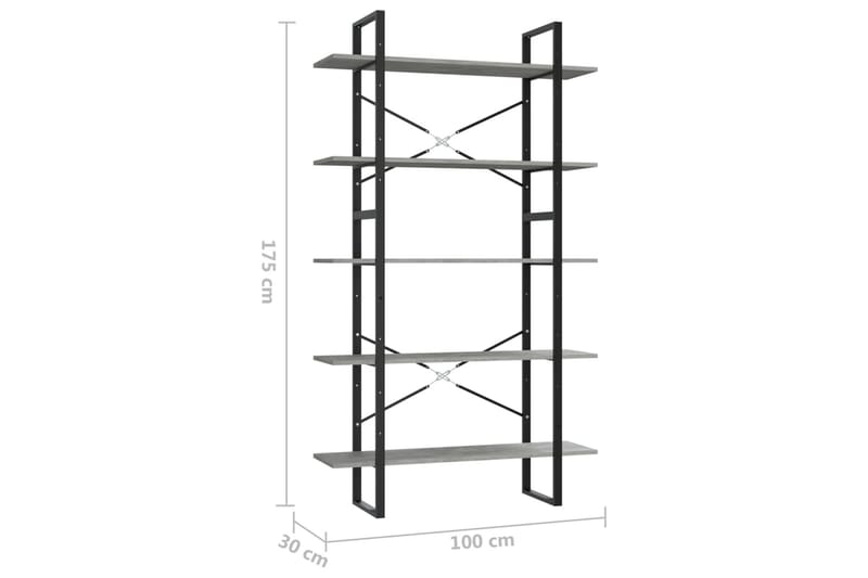 bogreol med 5 hylder 100x30x175 cm spånplade betongrå - Grå - Opbevaring - Hylder & Reoler - Bogreol