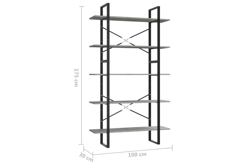 bogreol med 5 hylder 100x30x175 cm spånplade betongrå - Grå - Bogreol