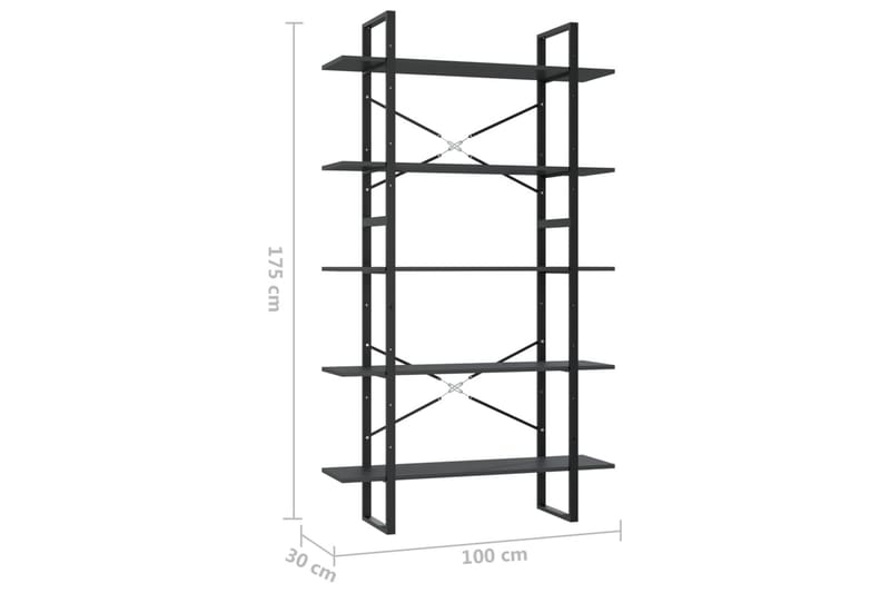 bogreol med 5 hylder 100x30x175 cm spånplade grå - Grå - Opbevaring - Hylder & Reoler - Bogreol