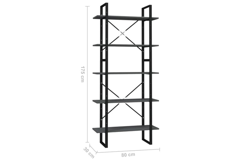 bogreol med 5 hylder 80x30x175 cm spånplade grå - Grå - Bogreol