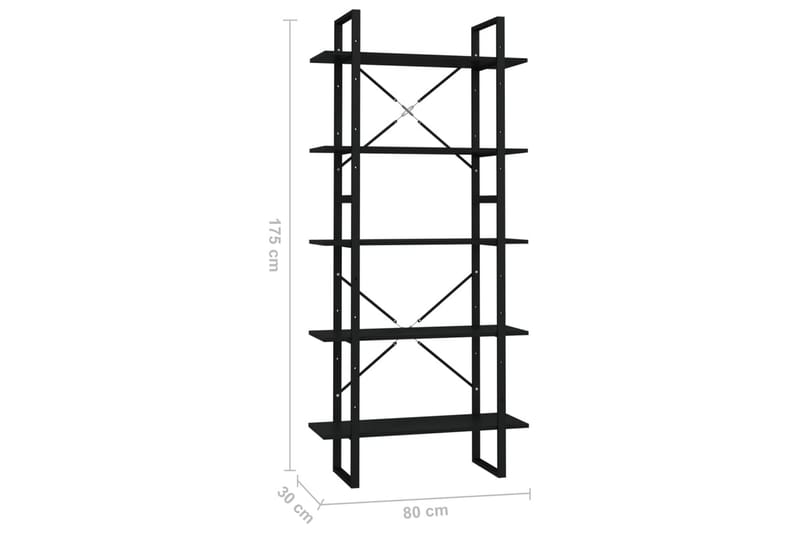 bogreol med 5 hylder 80x30x175 cm spånplade sort - Sort - Bogreol